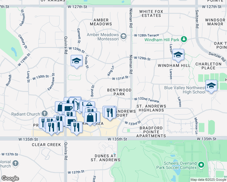 map of restaurants, bars, coffee shops, grocery stores, and more near 13221 King Street in Overland Park