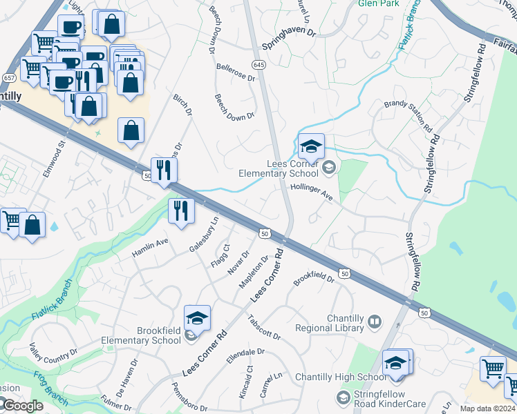 map of restaurants, bars, coffee shops, grocery stores, and more near 13520 Leith Court in Chantilly