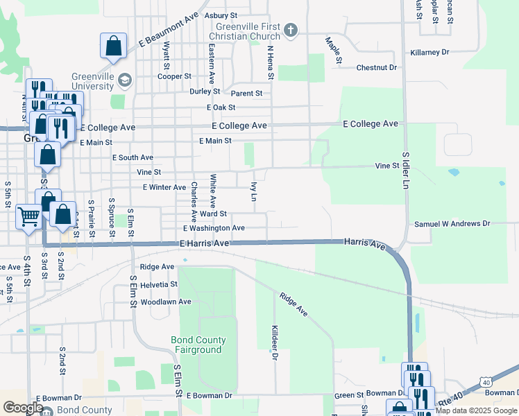 map of restaurants, bars, coffee shops, grocery stores, and more near 1011 Ward Street in Greenville
