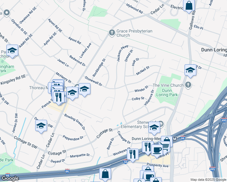 map of restaurants, bars, coffee shops, grocery stores, and more near 8401 Stonewall Drive in Vienna
