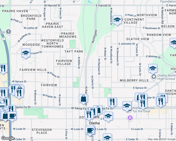 map of restaurants, bars, coffee shops, grocery stores, and more near 519 North Kansas Avenue in Olathe