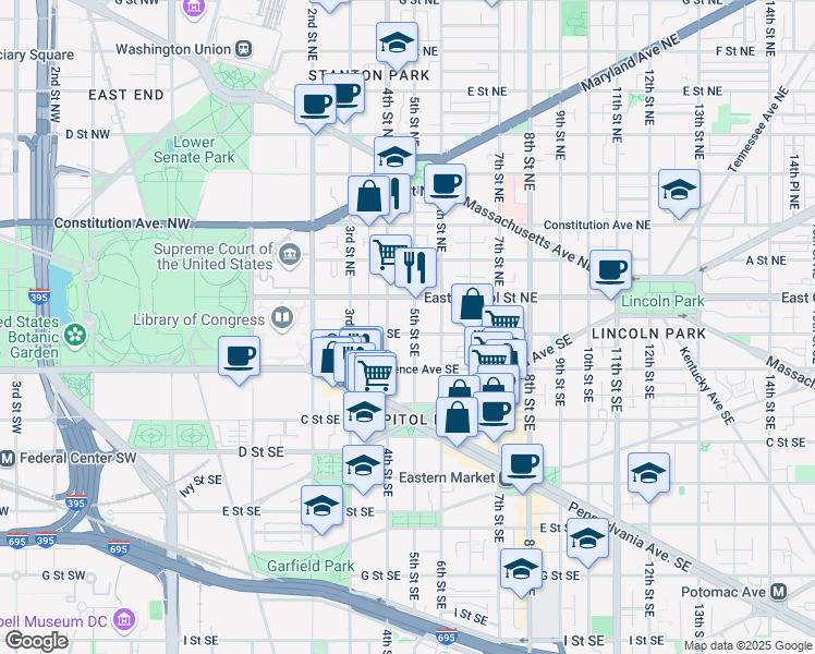map of restaurants, bars, coffee shops, grocery stores, and more near 101 Independence Avenue Southeast in Washington