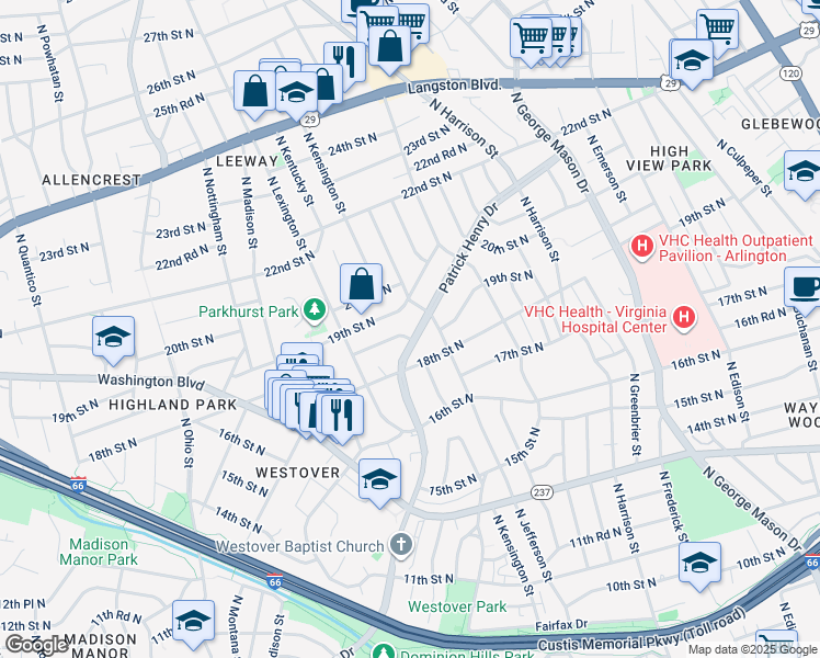 map of restaurants, bars, coffee shops, grocery stores, and more near 1842 Patrick Henry Drive in Arlington