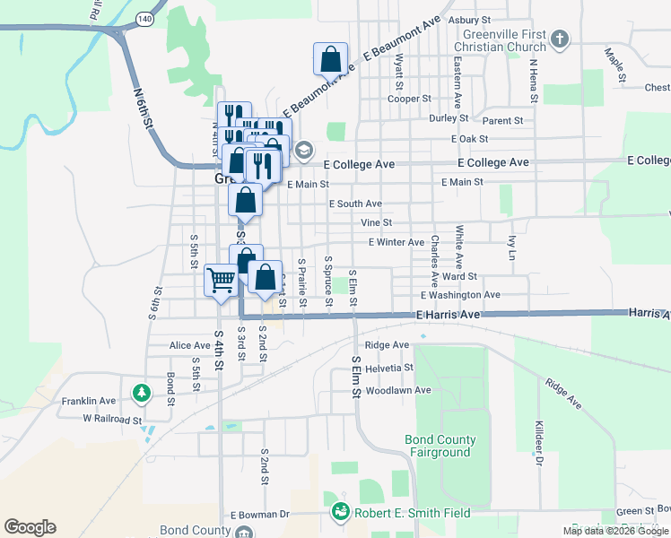 map of restaurants, bars, coffee shops, grocery stores, and more near 502 South Spruce Street in Greenville