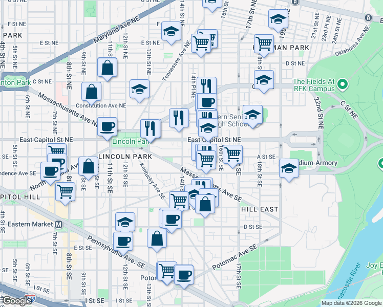 map of restaurants, bars, coffee shops, grocery stores, and more near 101 Independence Avenue Southeast in Washington