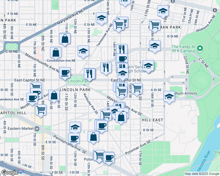 map of restaurants, bars, coffee shops, grocery stores, and more near 101 Independence Avenue Southeast in Washington