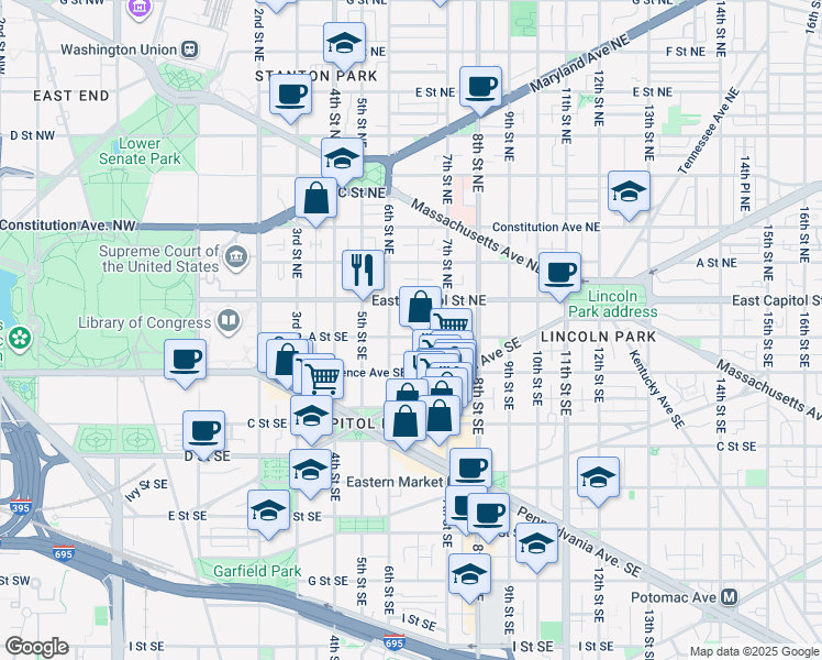 map of restaurants, bars, coffee shops, grocery stores, and more near 101 Independence Avenue Southeast in Washington