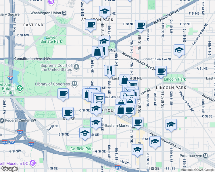 map of restaurants, bars, coffee shops, grocery stores, and more near 101 Independence Avenue Southeast in Washington