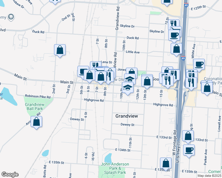 map of restaurants, bars, coffee shops, grocery stores, and more near 801 Main Street in Grandview