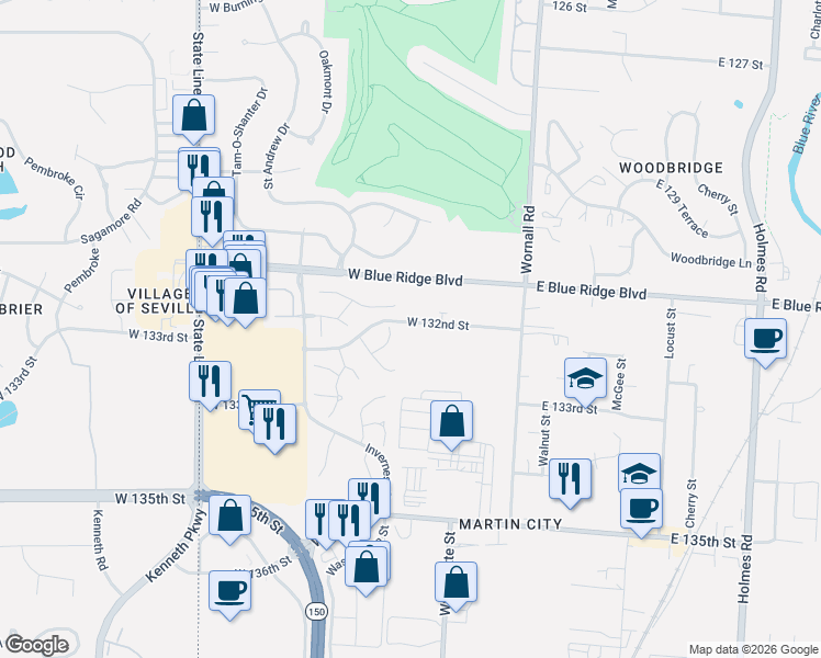 map of restaurants, bars, coffee shops, grocery stores, and more near 217 West 132 Street in Kansas City