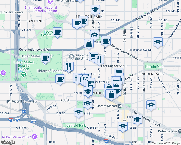 map of restaurants, bars, coffee shops, grocery stores, and more near 326 A Street Southeast in Washington