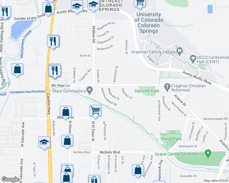 map of restaurants, bars, coffee shops, grocery stores, and more near 3856 Mariposa Street in Colorado Springs