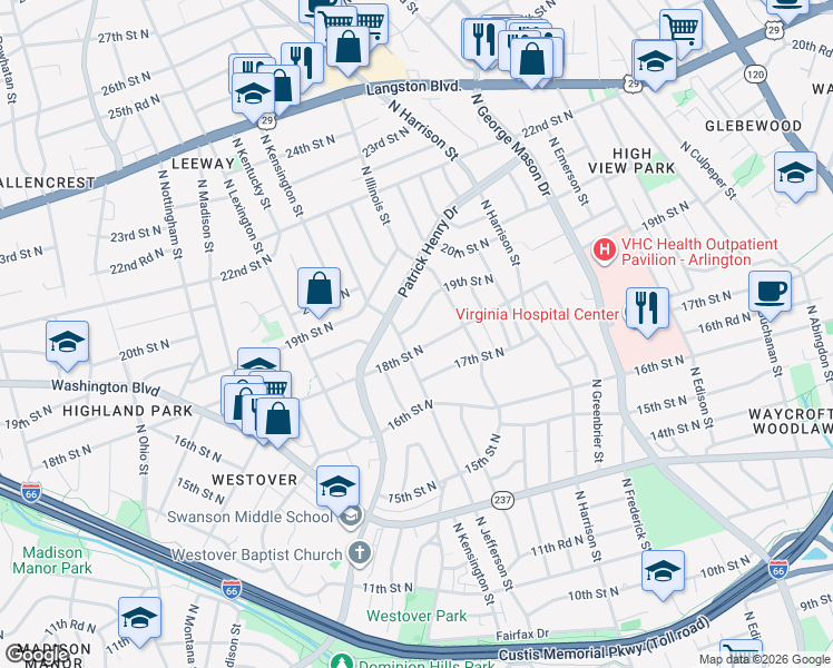 map of restaurants, bars, coffee shops, grocery stores, and more near 5542 18th Road North in Arlington