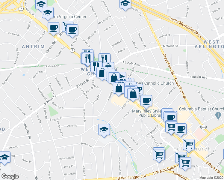 map of restaurants, bars, coffee shops, grocery stores, and more near 100A South Spring Street in Falls Church