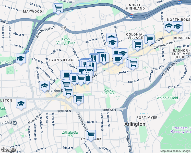 map of restaurants, bars, coffee shops, grocery stores, and more near 1328 North Cleveland Street in Arlington