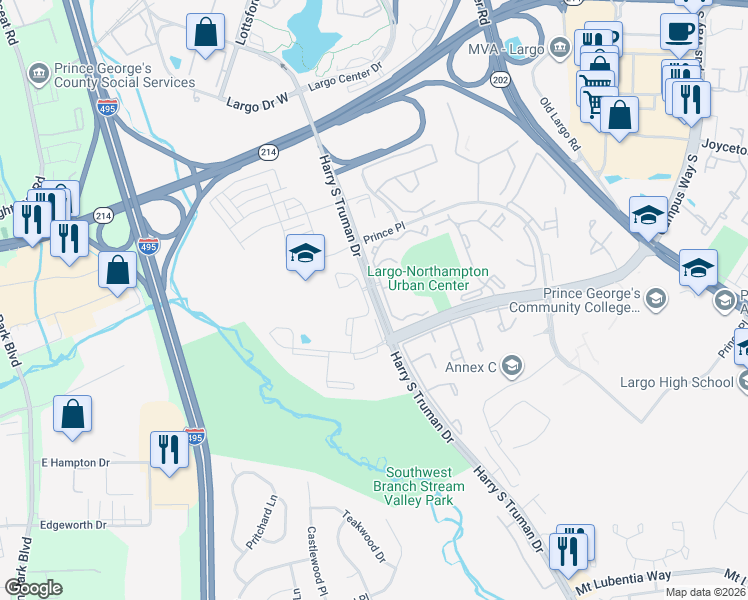map of restaurants, bars, coffee shops, grocery stores, and more near 233 Harry S Truman Drive in Upper Marlboro