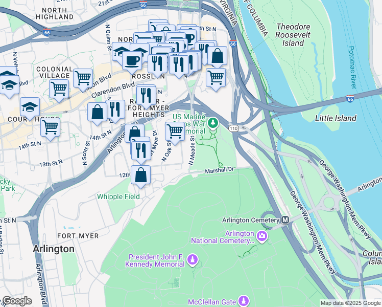 map of restaurants, bars, coffee shops, grocery stores, and more near 1300 North Meade Street in Arlington