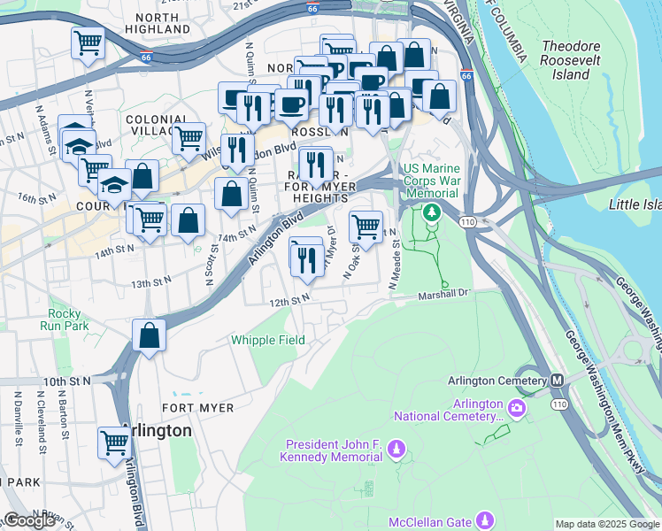 map of restaurants, bars, coffee shops, grocery stores, and more near 1215 North Fort Myer Drive in Arlington