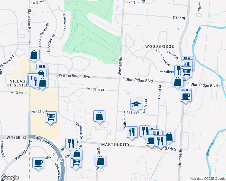 map of restaurants, bars, coffee shops, grocery stores, and more near 16 West 132 Street in Kansas City