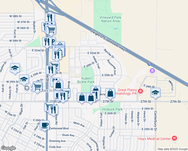 map of restaurants, bars, coffee shops, grocery stores, and more near 1400 East 29th Street in Hays