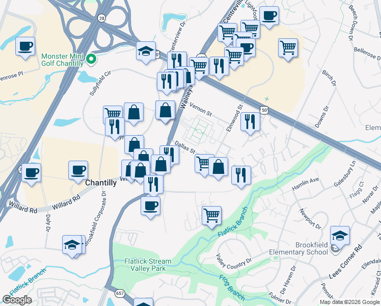 map of restaurants, bars, coffee shops, grocery stores, and more near 4170 Bell Ridge Court in Chantilly