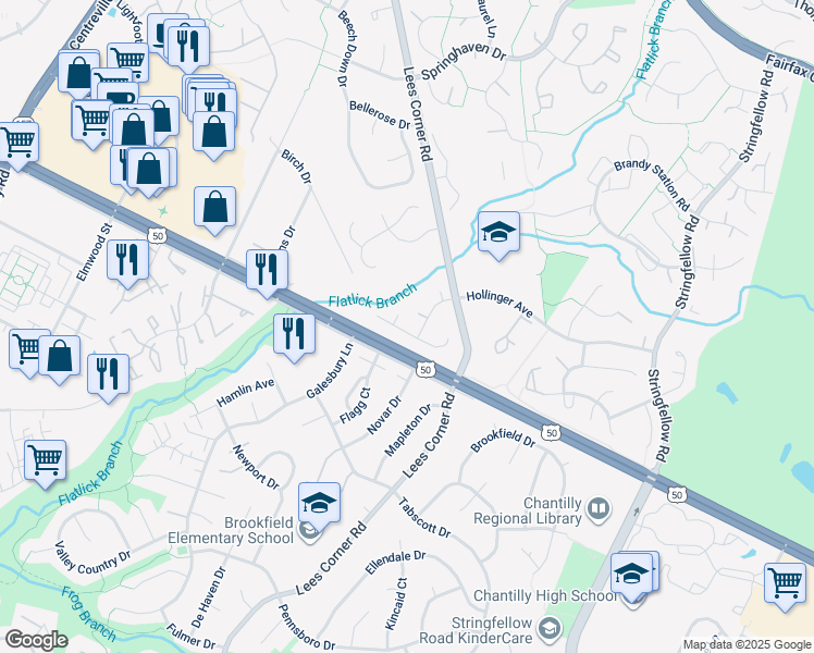 map of restaurants, bars, coffee shops, grocery stores, and more near 13522 Leith Court in Chantilly