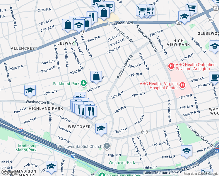 map of restaurants, bars, coffee shops, grocery stores, and more near 1842 Patrick Henry Drive in Arlington