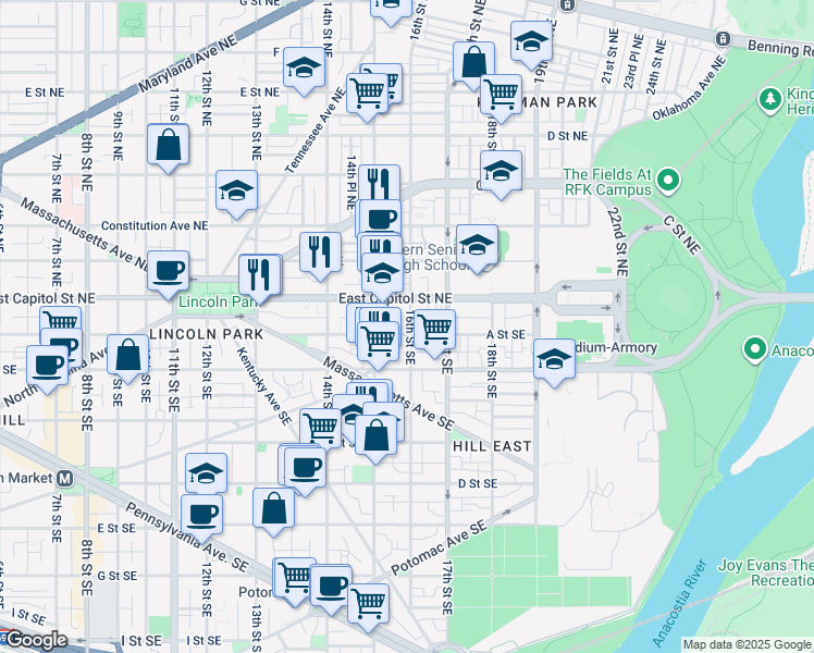 map of restaurants, bars, coffee shops, grocery stores, and more near 23 16th Street Southeast in Washington