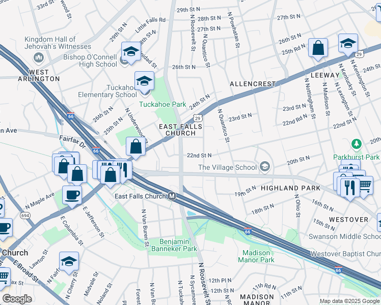 map of restaurants, bars, coffee shops, grocery stores, and more near 6423 22nd Street North in Arlington