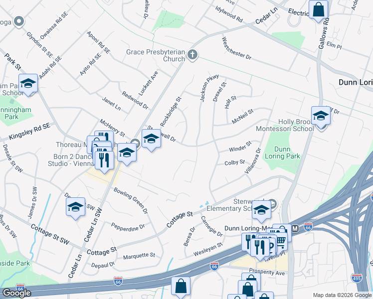 map of restaurants, bars, coffee shops, grocery stores, and more near 8405 Stonewall Drive in Vienna