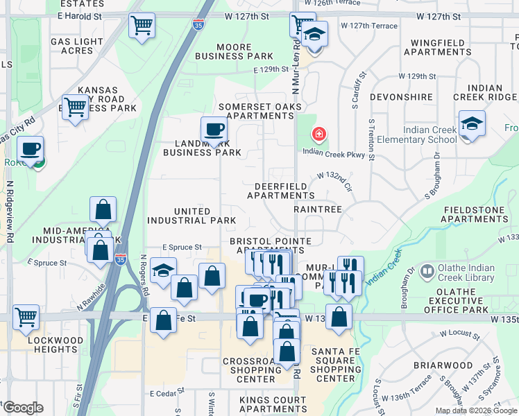 map of restaurants, bars, coffee shops, grocery stores, and more near 569 North Somerset Terrace in Olathe