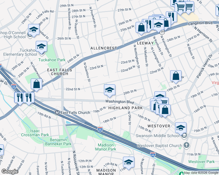 map of restaurants, bars, coffee shops, grocery stores, and more near 2114 North Powhatan Street in Arlington