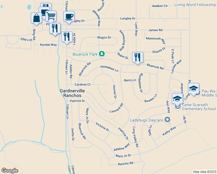 map of restaurants, bars, coffee shops, grocery stores, and more near 1369 Cardinal Ct in Gardnerville