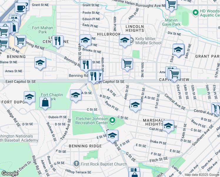 map of restaurants, bars, coffee shops, grocery stores, and more near 4636 A Street Southeast in Washington