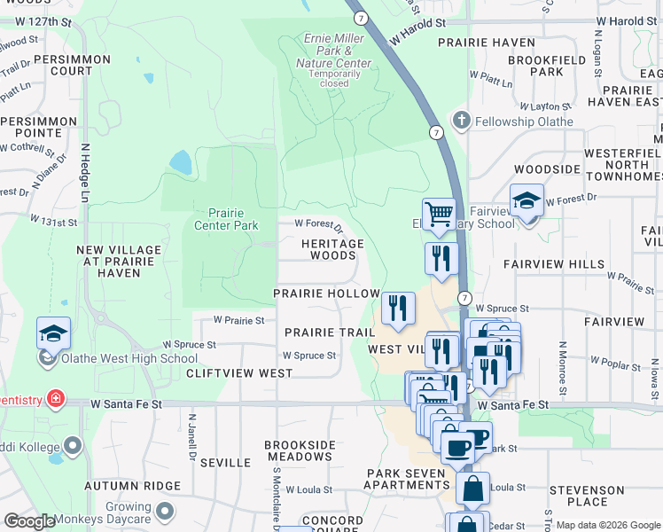 map of restaurants, bars, coffee shops, grocery stores, and more near 1437 West Mulberry Street in Olathe