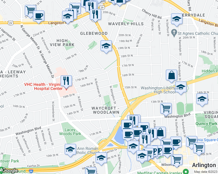 map of restaurants, bars, coffee shops, grocery stores, and more near 1524 North Abingdon Street in Arlington