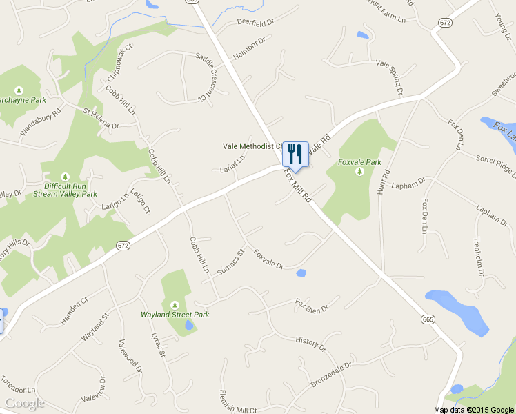 map of restaurants, bars, coffee shops, grocery stores, and more near 11700 Foxvale Court in Oakton