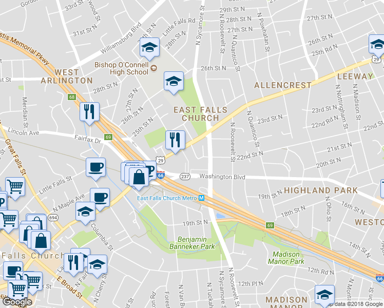 map of restaurants, bars, coffee shops, grocery stores, and more near 2220 North Tuckahoe Street in Arlington