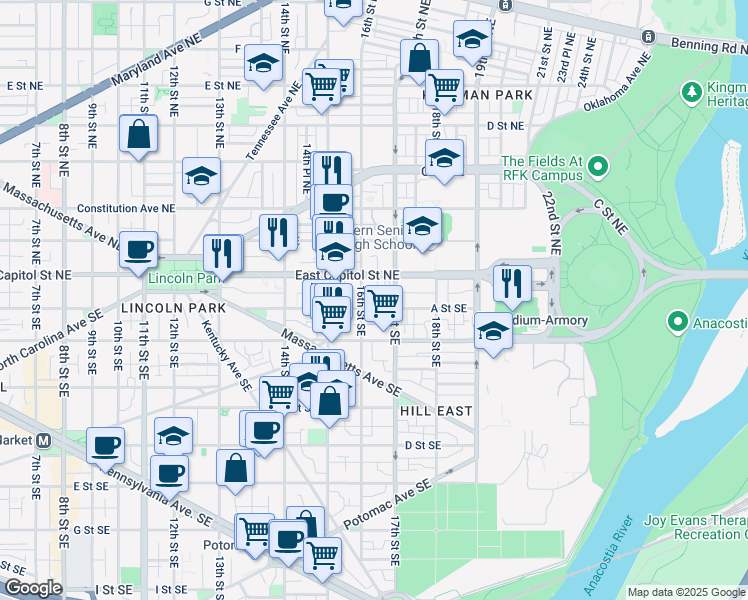 map of restaurants, bars, coffee shops, grocery stores, and more near 101 Independence Avenue Southeast in Washington