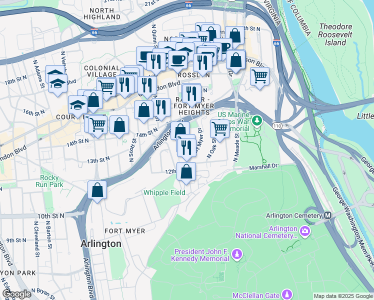map of restaurants, bars, coffee shops, grocery stores, and more near 1336 North Ode Street in Arlington