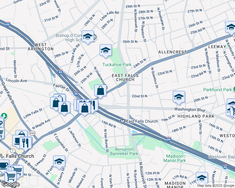 map of restaurants, bars, coffee shops, grocery stores, and more near 2220 North Tuckahoe Street in Arlington