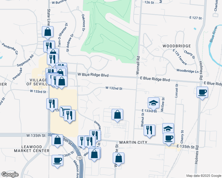 map of restaurants, bars, coffee shops, grocery stores, and more near 217 West 132 Street in Kansas City