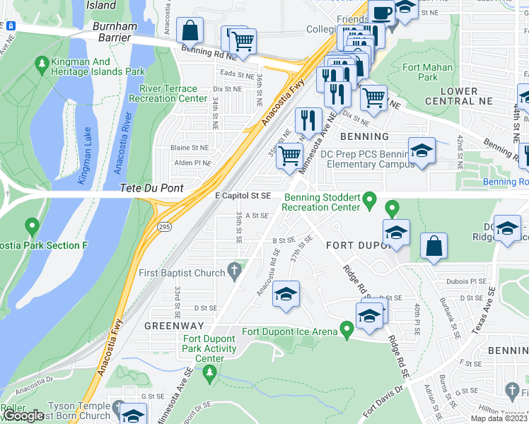 map of restaurants, bars, coffee shops, grocery stores, and more near 3532 A Street Southeast in Washington