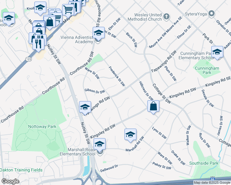 map of restaurants, bars, coffee shops, grocery stores, and more near 511 Tapawingo Road Southwest in Vienna