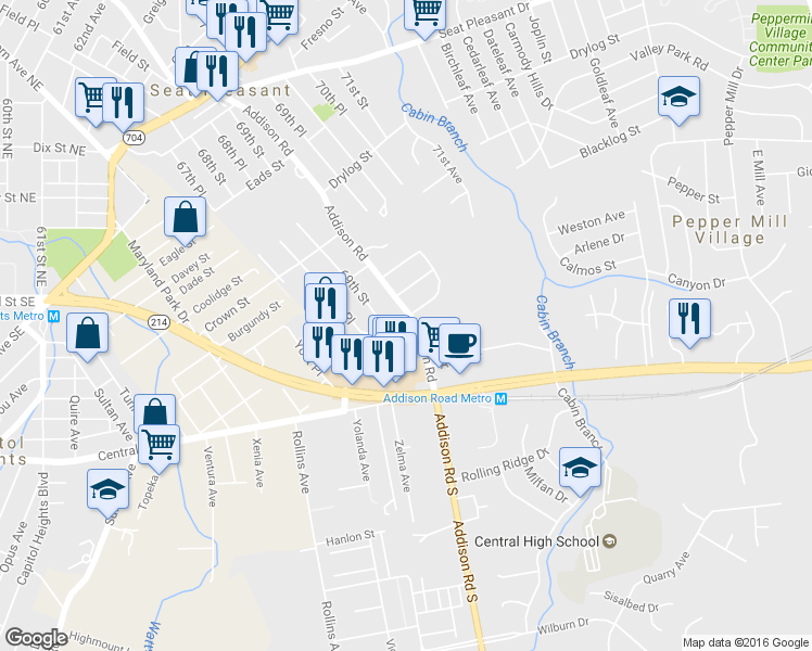 map of restaurants, bars, coffee shops, grocery stores, and more near 6227 Addison Road in Capitol Heights