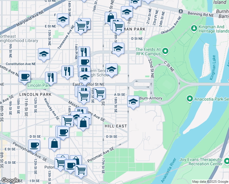 map of restaurants, bars, coffee shops, grocery stores, and more near 7 18th Street Southeast in Washington