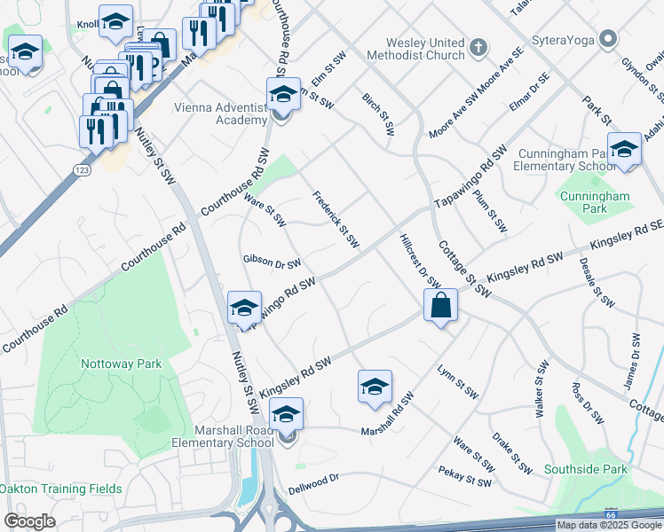 map of restaurants, bars, coffee shops, grocery stores, and more near 511 Tapawingo Road Southwest in Vienna