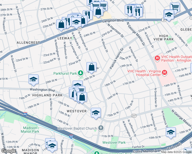 map of restaurants, bars, coffee shops, grocery stores, and more near 5700 19th Street North in Arlington