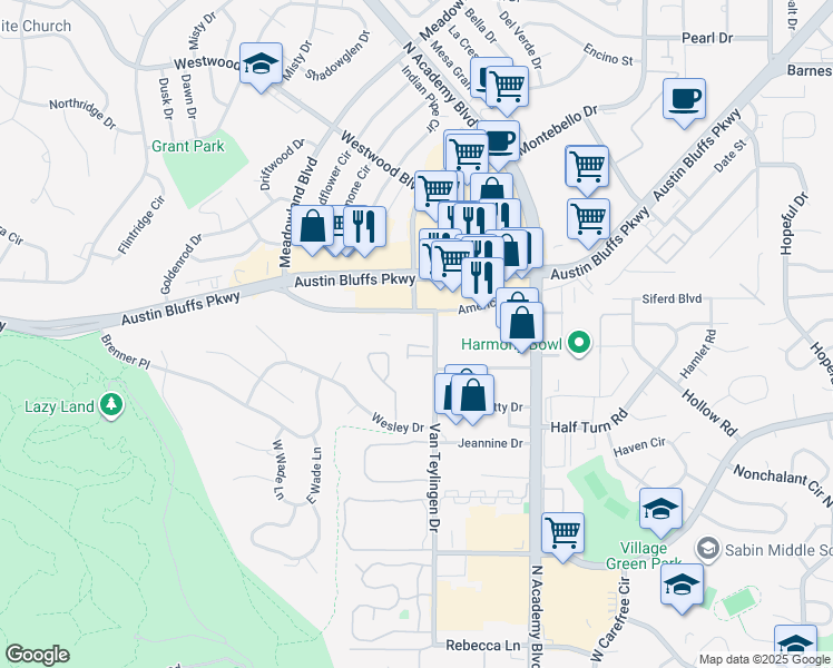 map of restaurants, bars, coffee shops, grocery stores, and more near 3525 American Drive in Colorado Springs