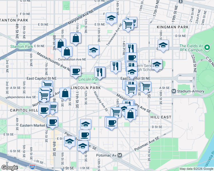 map of restaurants, bars, coffee shops, grocery stores, and more near 101 Independence Avenue Southeast in Washington